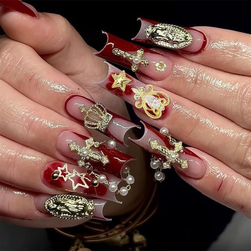 KACHIMOO 160pcs Gold Nail Charms 3D Butterfly Cherry Heart Cross Bow Star Dollar Flower Crown Nail Gems and Charms Nail Rhinestone for Women Nail Art Design(19 Styles)