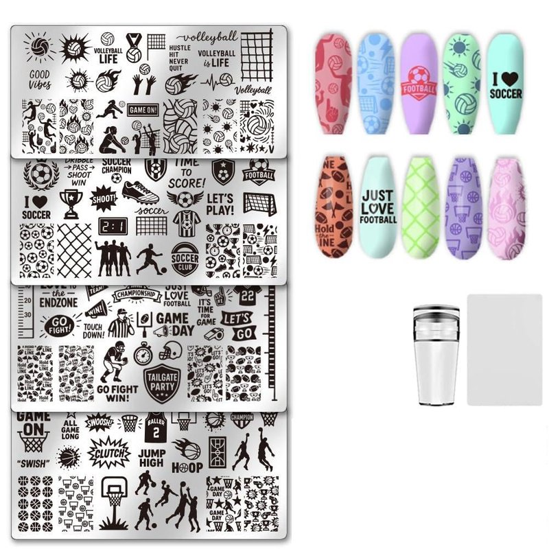 UNICRAFTALE 4Pcs Nail Stamp Plates Set Sport Stamping Plate Floral Leaf Plant Theme Stamp Templates Image Nail Stencils Nail Art Plates with Nail Scraper for Women DIY Print Manicure Salon Design