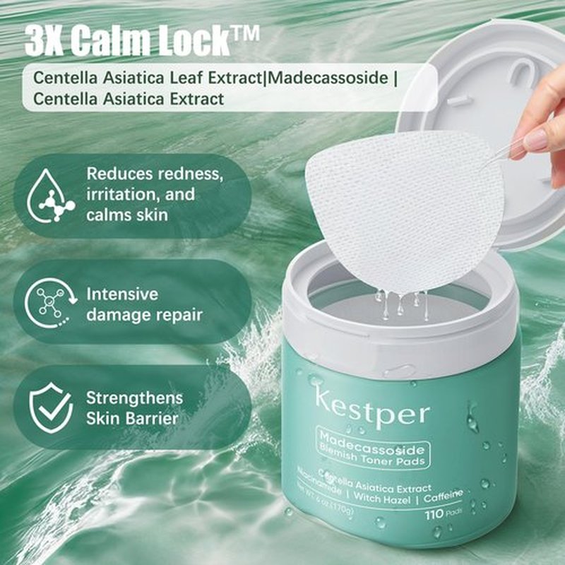 Kestper Madecassoside & Caffeine Toner Pads|Soothe Redness,Strengthen Barrier & Refine Pores with Centella Asiatica,Niacinamide | 110 Pads for All Skin Types