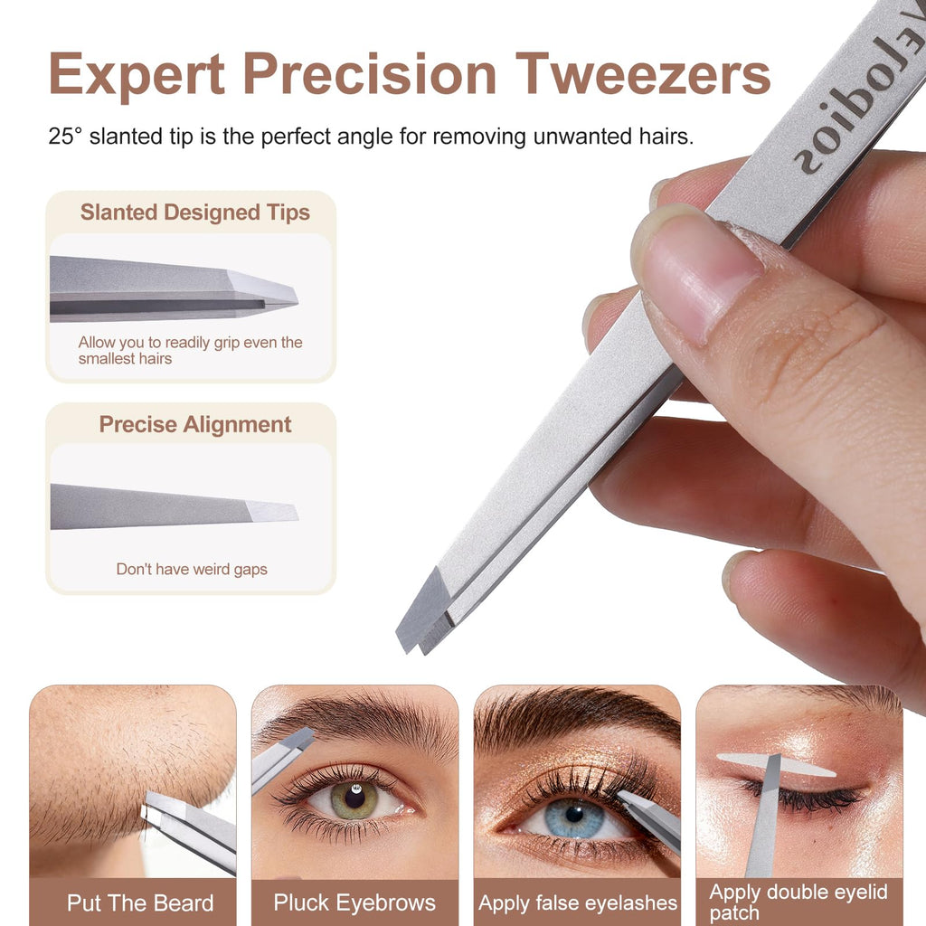 Velodios Tweezers for Eyebrows, Pointed Tweezers for Women Facial Hair, Ingrown Hair Removal, Slanted and Pointed Tip Tweezers Set with PU Travel Case, Premium Stainless Steel