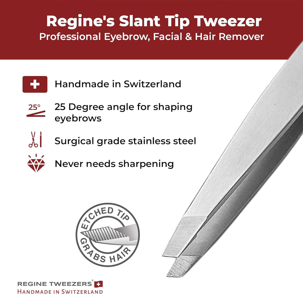 Regine Switzerland Slant Tweezer Set with 10X Mirror & Case