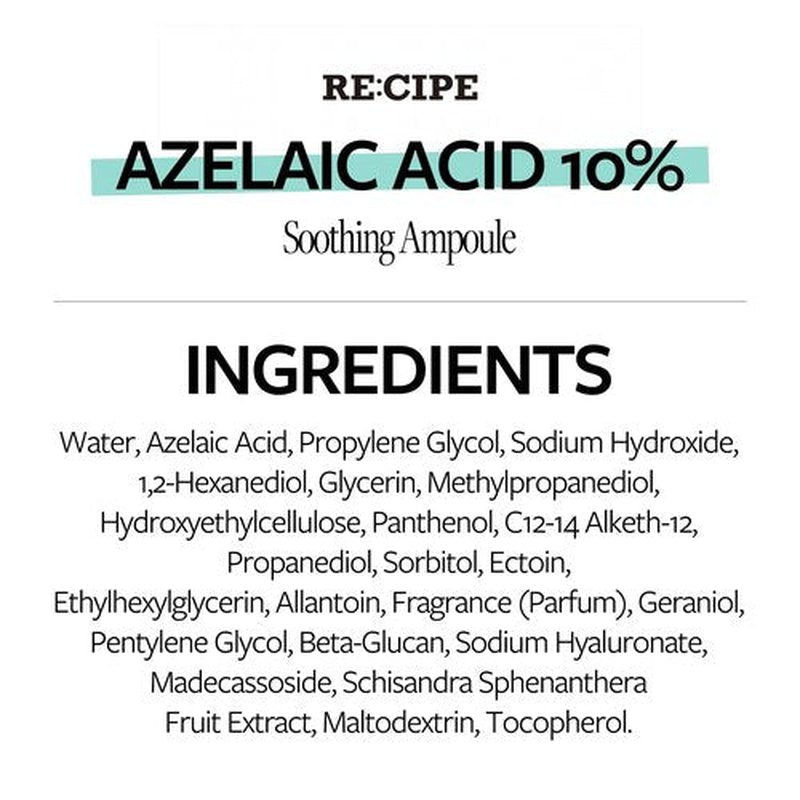 RECIPE Azelaic Acid 10 Soothing Ampoule - Soothing Serum, Facial Serum for Sensitive skin - Korean Skincare for Mild Breakouts (1.01 fl oz)