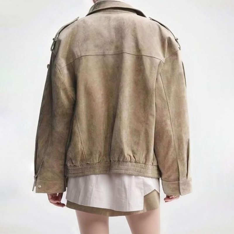 FindThy Suede Leather Jacket - Vintage High Collar, Long Sleeve, Oversized Coat with Pockets