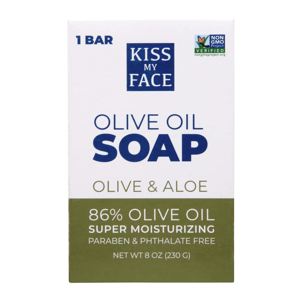 Kiss My Face Pure Olive Oil Soap with Aloe Vera, Moisturizing Bar Soap, 8 oz Bars, Olive & Aloe, 64 Ounce, 8 Pack (Packaging May Vary)