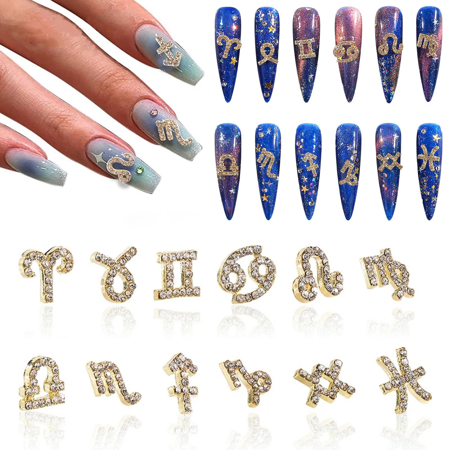 YECIRALA 48 Pcs Gold and Silver Zodiac Nail Charms 4 Set 3D Zodiac Sign Nail Rhinestones Charms for Women Nails Jewelry Zodiac Charms for Nails Design Jewelry Making Charms Nail Art Decorations Gems