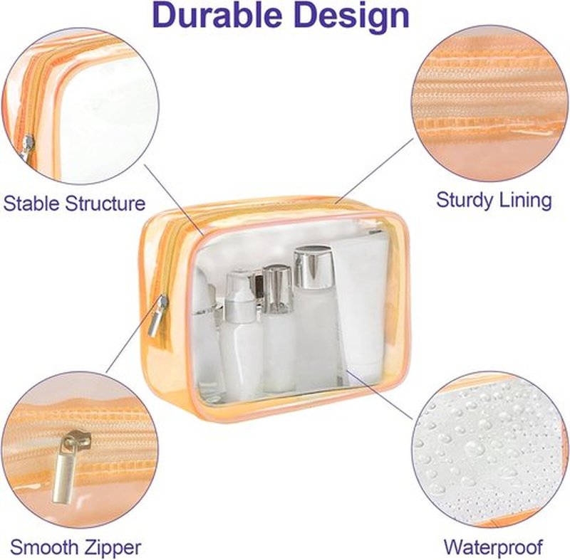 Skiennix Clear Makeup Bag Set - TSA Approved Small Toiletry Organizers | 4 Pack in Pink, Orange, Green, Blue