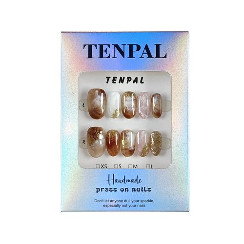 TENPAL Cat Eye Press On Nails 10 Pcs with Tools Kit,Handmade Amber Coffee Ombré Glue on Nails,Short Oval False Nails with Ridge Embossed Glossy Glow Reusable Fake Nails for Autumn Winter Wedding(S)