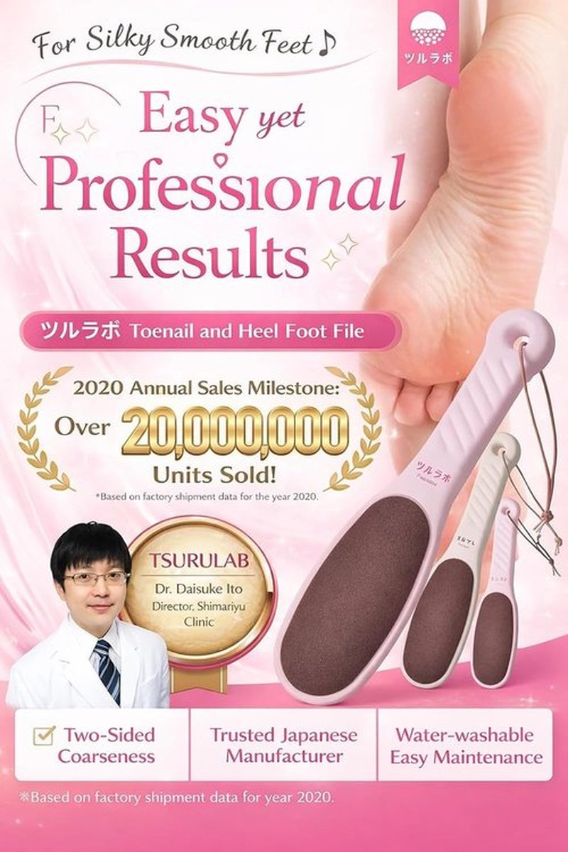 TSURULABO Foot File - Dual-Sided Coarse & Fine Design | Water-Resistant Pink Callus Remover