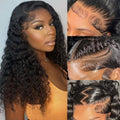 JFOOHD Deep Wave Lace Frontal Wig 13x6 Lace Front Wig Human Hair Pre Plucked Glueless Deep Wave Human Hair Wigs Curly Wigs for Women 200 Density Natural Color (24 Inch)