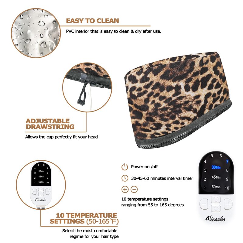 VICARKO Hair Steamer for Deep Conditioning, 10-Level Heats Up Quickly, 118” Power Cord, Heating Cap Hot Oil Treatment Heat, Electric Thermal Heated Steam for Natural Black Hair, Animal Print