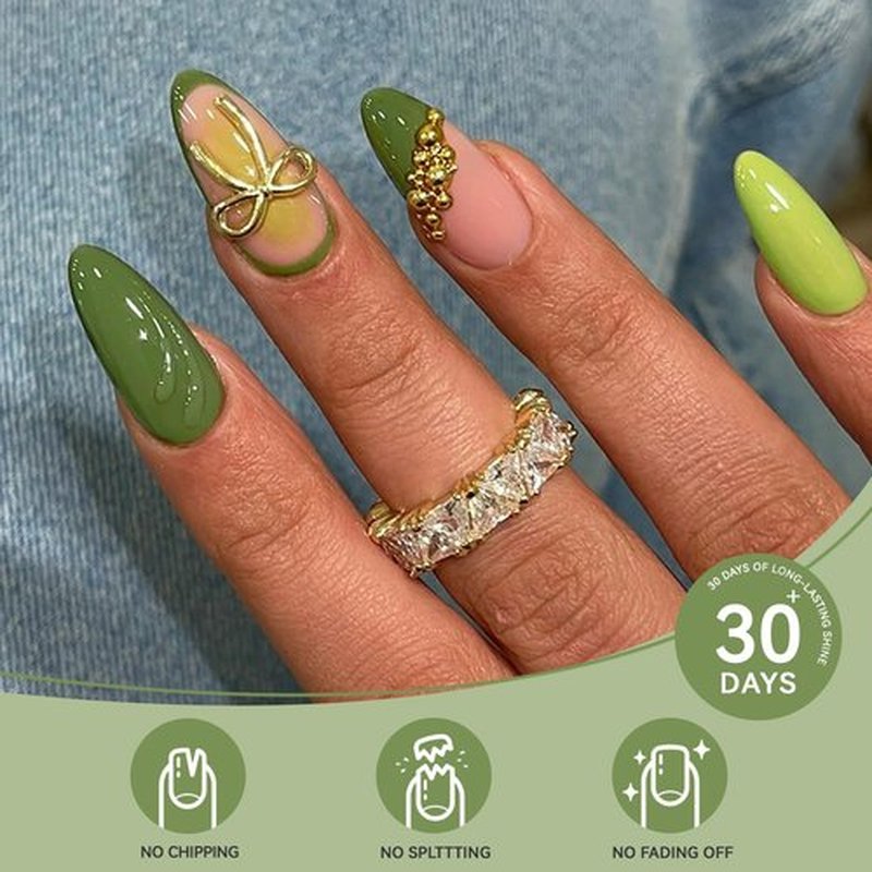 CUZIAM Green Press on Nails Medium Almond - Ombre French Tip Fake Nails with 3D Bow Steel Beads Designs,Reusable Glossy Xmas Artificial Nail Full Cover Stick on False Nails for Women Gift,24 Pcs