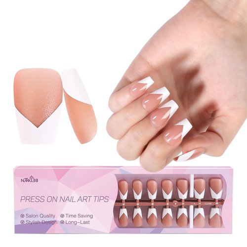 NMKL38 300Pcs V Shape Classical French Tip Nails, 15 Size Press on Nails, French Tip Gel Nails for DIY Nail Art