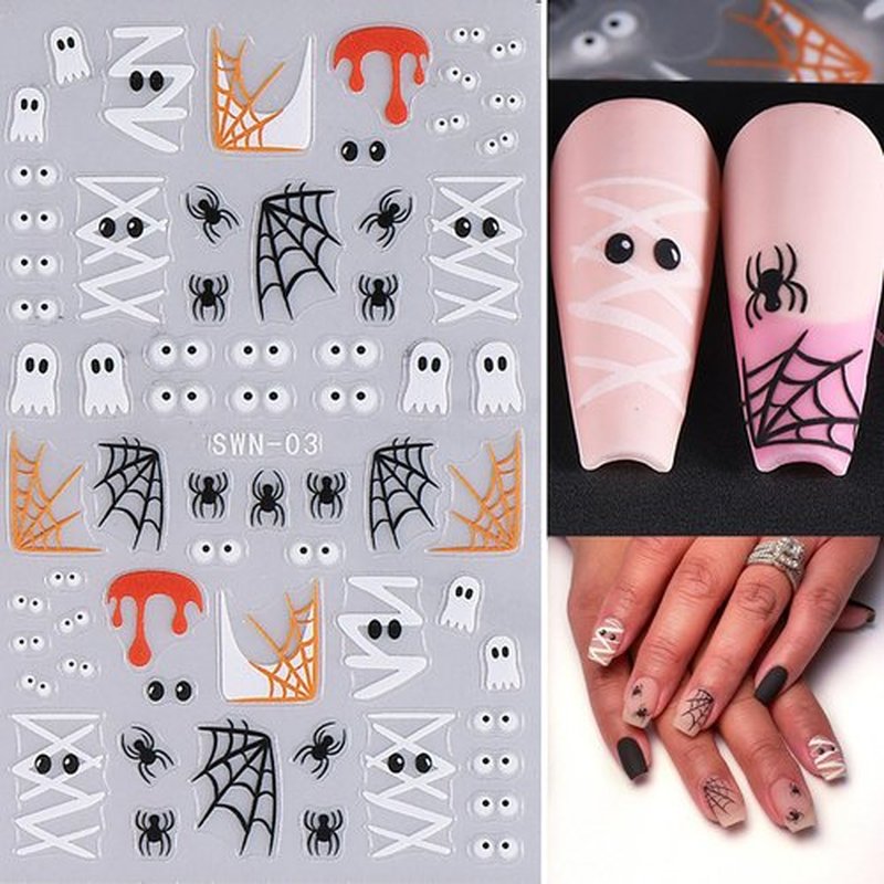4 Sheets Halloween Nail Art Stickers 5D Embossed Cute Ghost Nail Stickers Black Cat Pumpkin Design Flower Finger Skeleton Nail Decals Nail Art Supplies for Women Acrylic DIY Nail Decorations