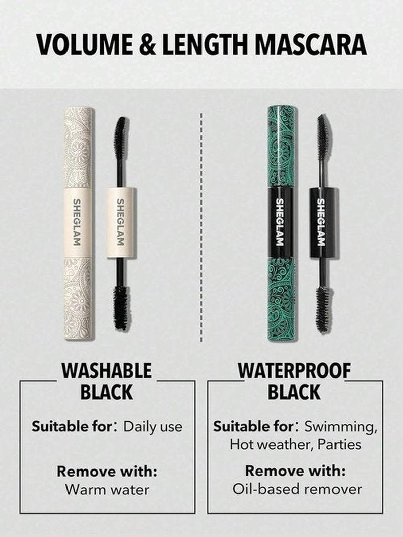 SheGlam 2 In 1 Black Mascara - Volume & Length, Washable, Long Lasting Dual-Ended Design
