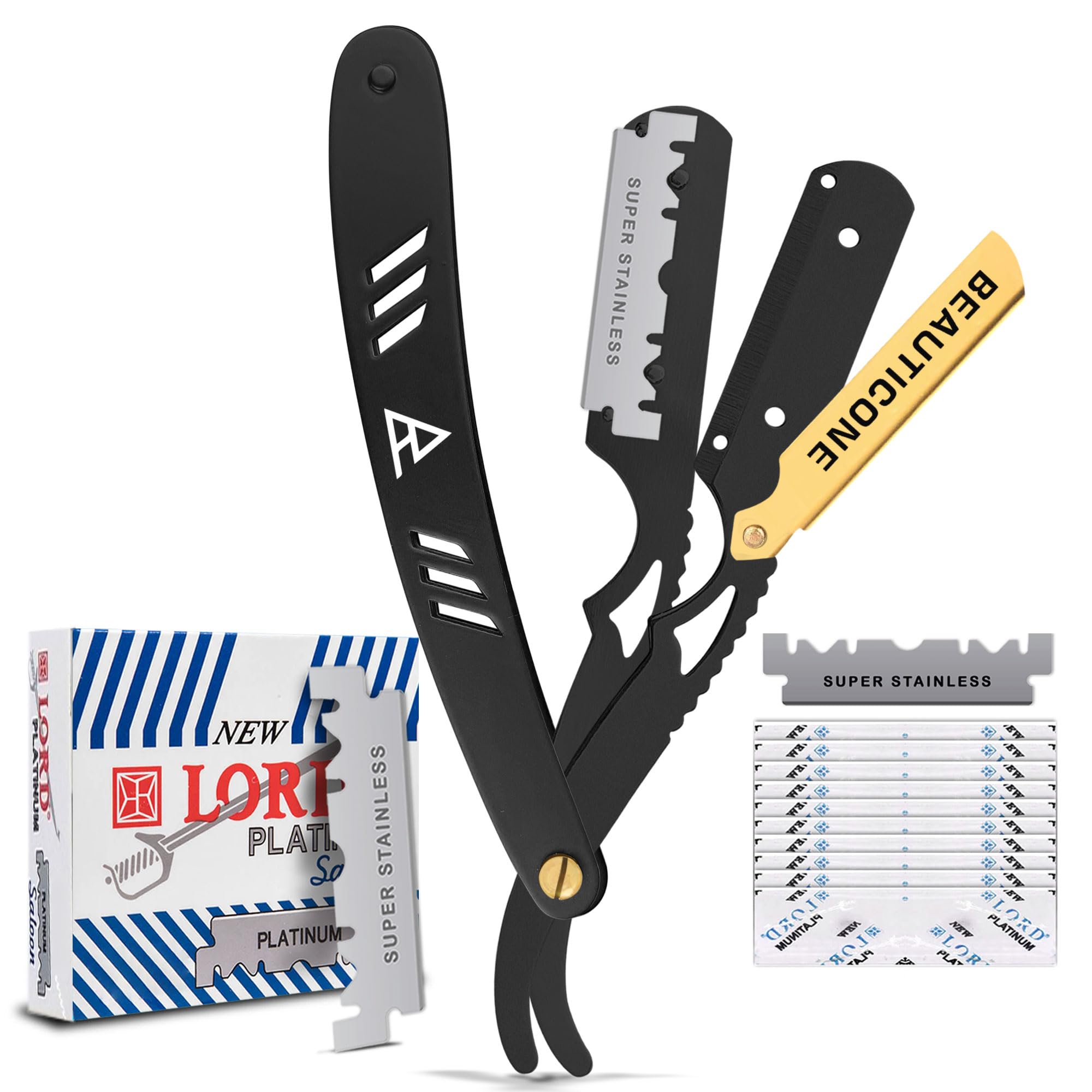 BEAUTICONE Barber Straight Razor for Men – Professional Shavette with Swinglock Blade Holder, Stainless Steel Blades Included, Cut Throat Razor, Black & Gold