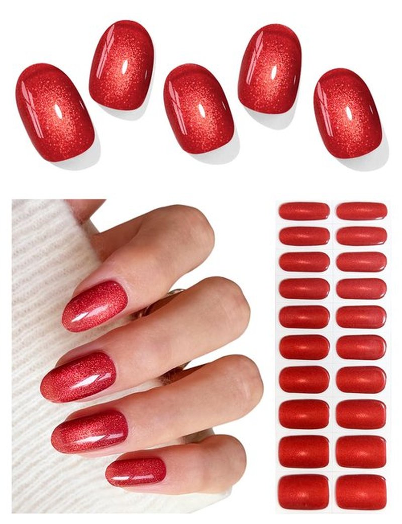 AutyaMee Semi Cured Gel Nail Strips (Red Light-Chasing Cat Eye), 20 Pcs Gel Nail Wraps, Stickers, Works with Any UV Lamps