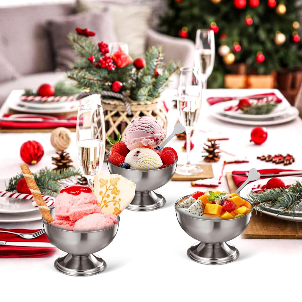 Housoutil Ice Cream Cups, 4 Pcs Stainless Steel Serving Dessert Bowls, Round Sauce Bowls, Reusable Footed Yogurt Snack Candy Cups for Cake Salad Fruit Pudding Snacks Christmas Party