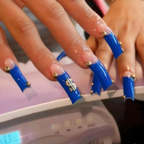 Rchovsam xl Long Press on Nails Square French Tip Fake Nail 3D Godlen Designs False Nails Press Ons French Blue Stick on Nails Full Cover Artificial Nail Gift for Women 24pcs