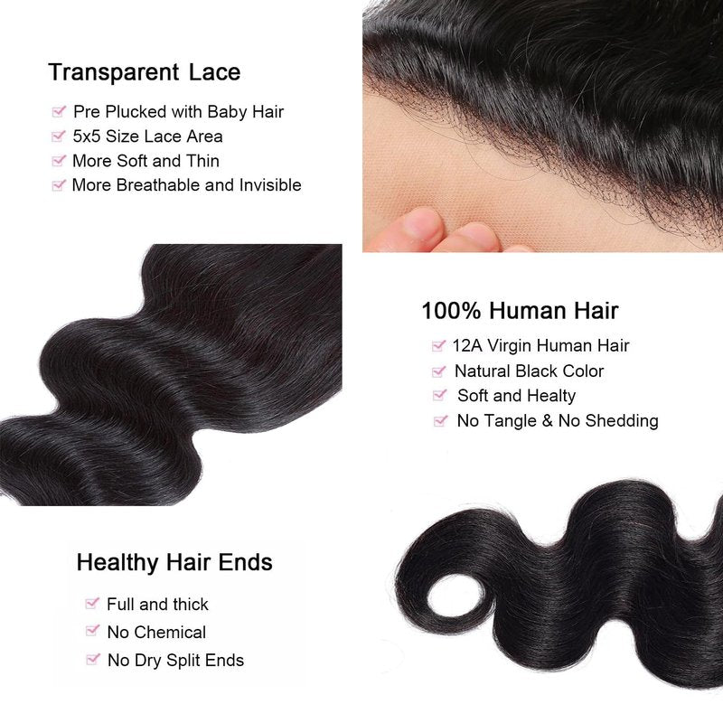 XSY 5x5 HD Lace Closure Body Wave Transparent Lace Closure 12 Inch Brazilian Virgin Human Hair Pre Plucked with Baby Hair Free Part Natural Black