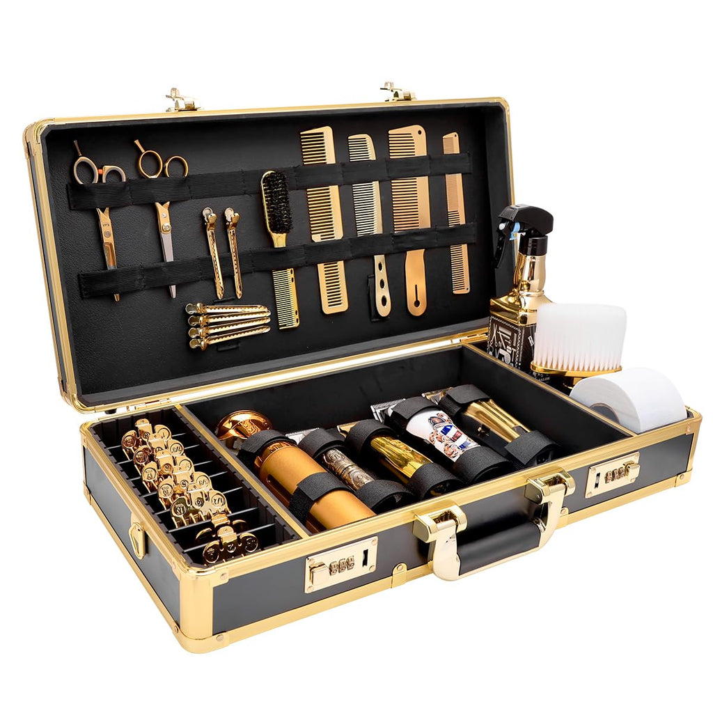 Professional Barber Supplies Case, Barber Cases for Clippers and Supplies, Hairdressing Tools Storage Case with Handle and Secure Numlock, Barber Travel (Golden)