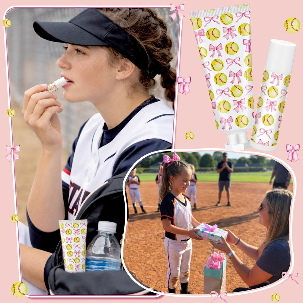 Loopeer 20 Sets Softball Team Gifts for Girls Pink Bowknot Softball Lip Balm Hand Cream Set Party Favors Sports Ball Team Members Gifts Bulk for Sports Party Supplies