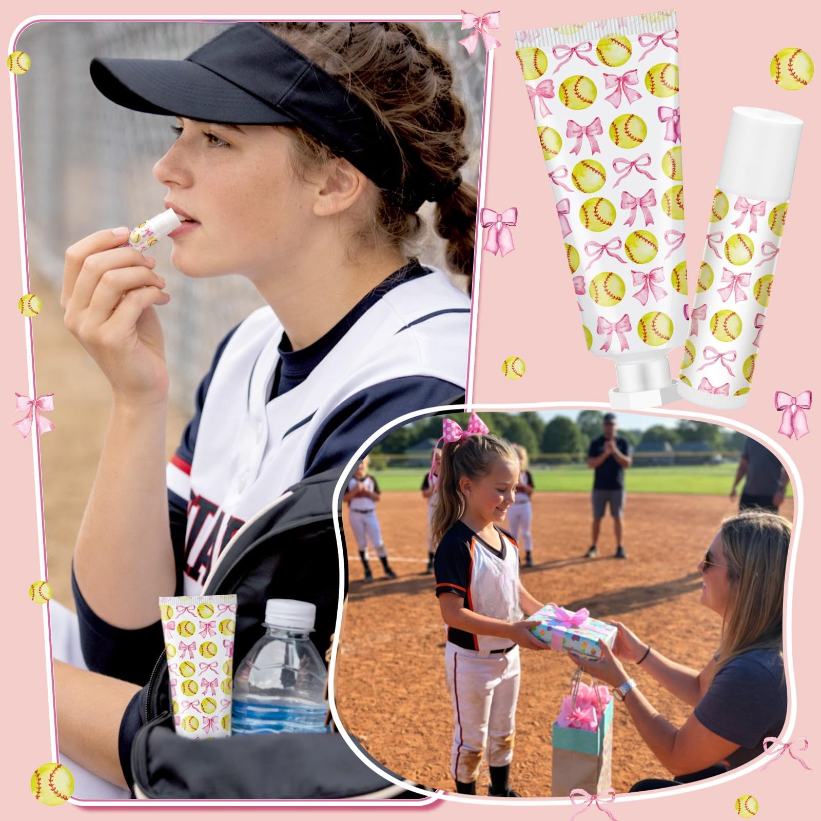 Loopeer 20 Sets Softball Team Gifts for Girls Pink Bowknot Softball Lip Balm Hand Cream Set Party Favors Sports Ball Team Members Gifts Bulk for Sports Party Supplies