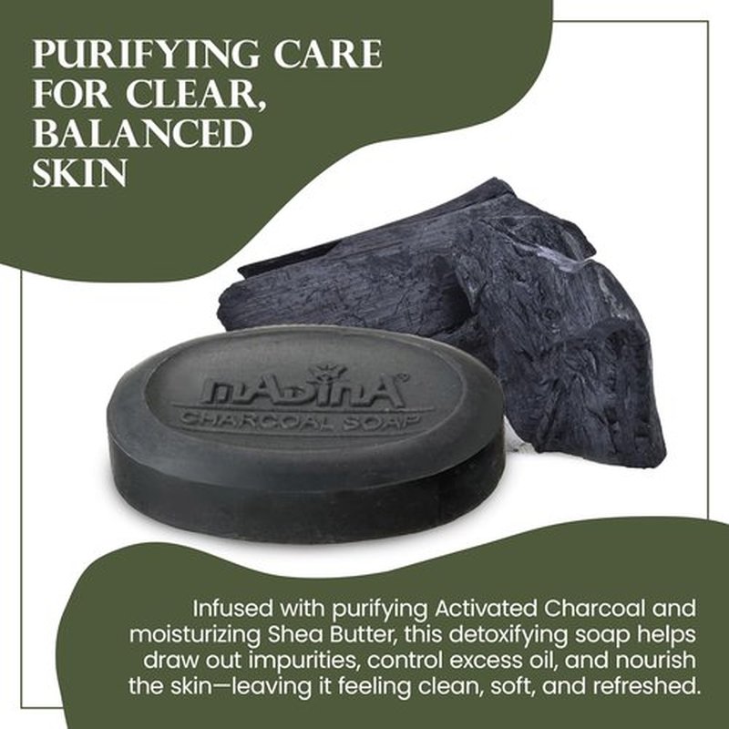 Madina Activated Charcoal Soap Bar – Deep Cleansing, Detoxifying, Oil Control, Acne, 100% Vegetable-Based, Halal, Gentle Face & Body Cleanser, 6 Pack (3.5 oz Each)