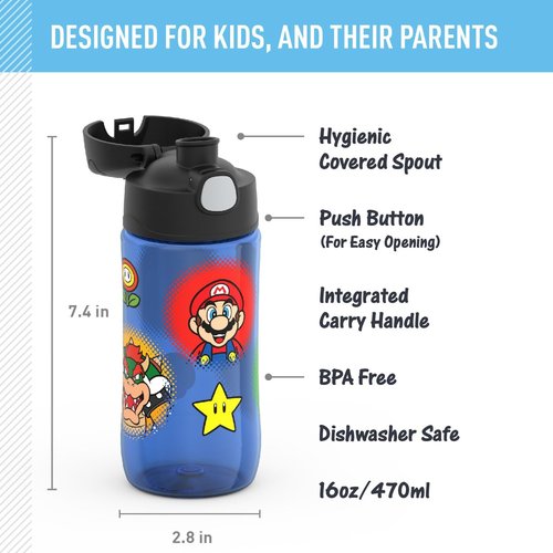 THERMOS FUNTAINER 16 Ounce Hydration Bottle - Durable Plastic with Spout | Mario Design