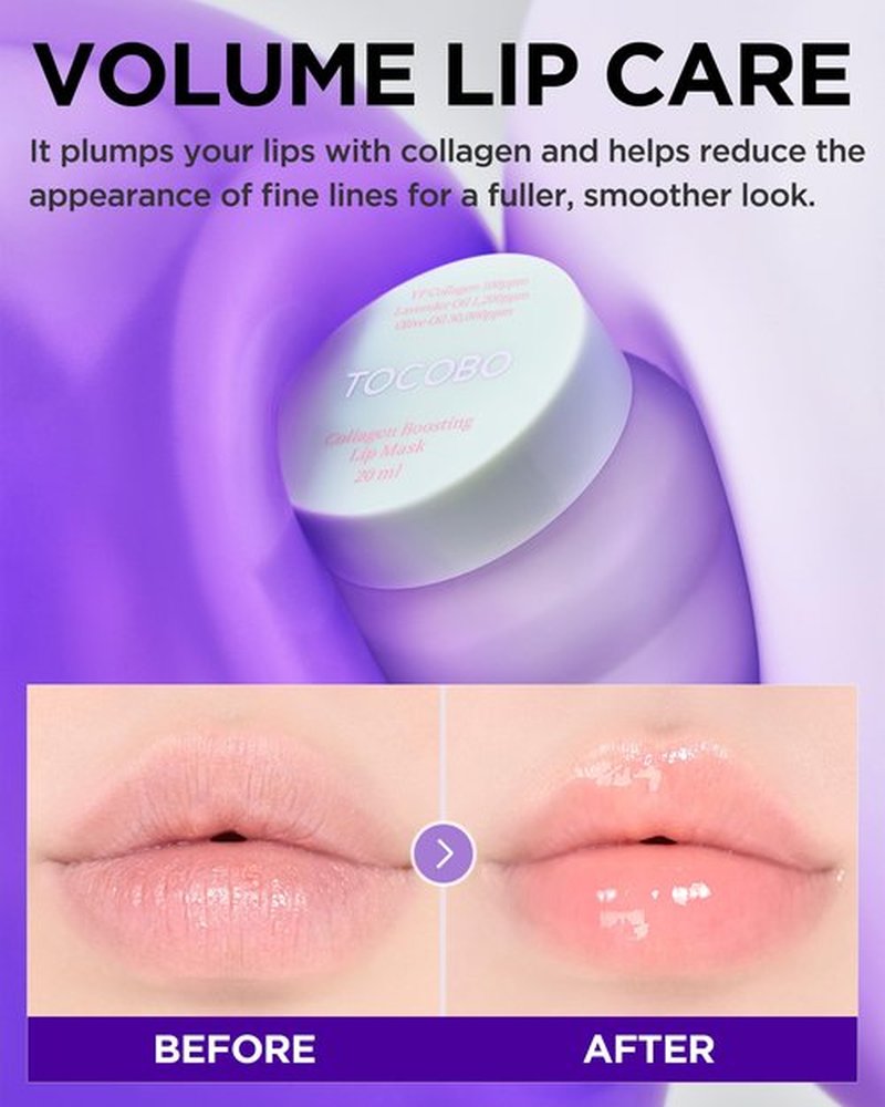 TOCOBO Collagen Lip Mask – Fermented Collagen Overnight Lip Sleeping Mask with Peptide & PHA | Korean Vegan Treatment for Dry, Aging Lips | Balm-to-Oil Plump-Looking Care, Lavender Scent | 0.68 oz