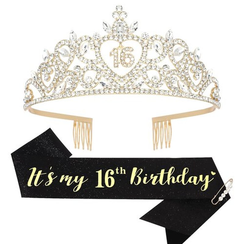 Araluky Sweet 16 Party Decorations: Purple Sweet 16 Crown & Sash for Girls' Teen, 16th Birthday, Teenage Girls, Females 16+