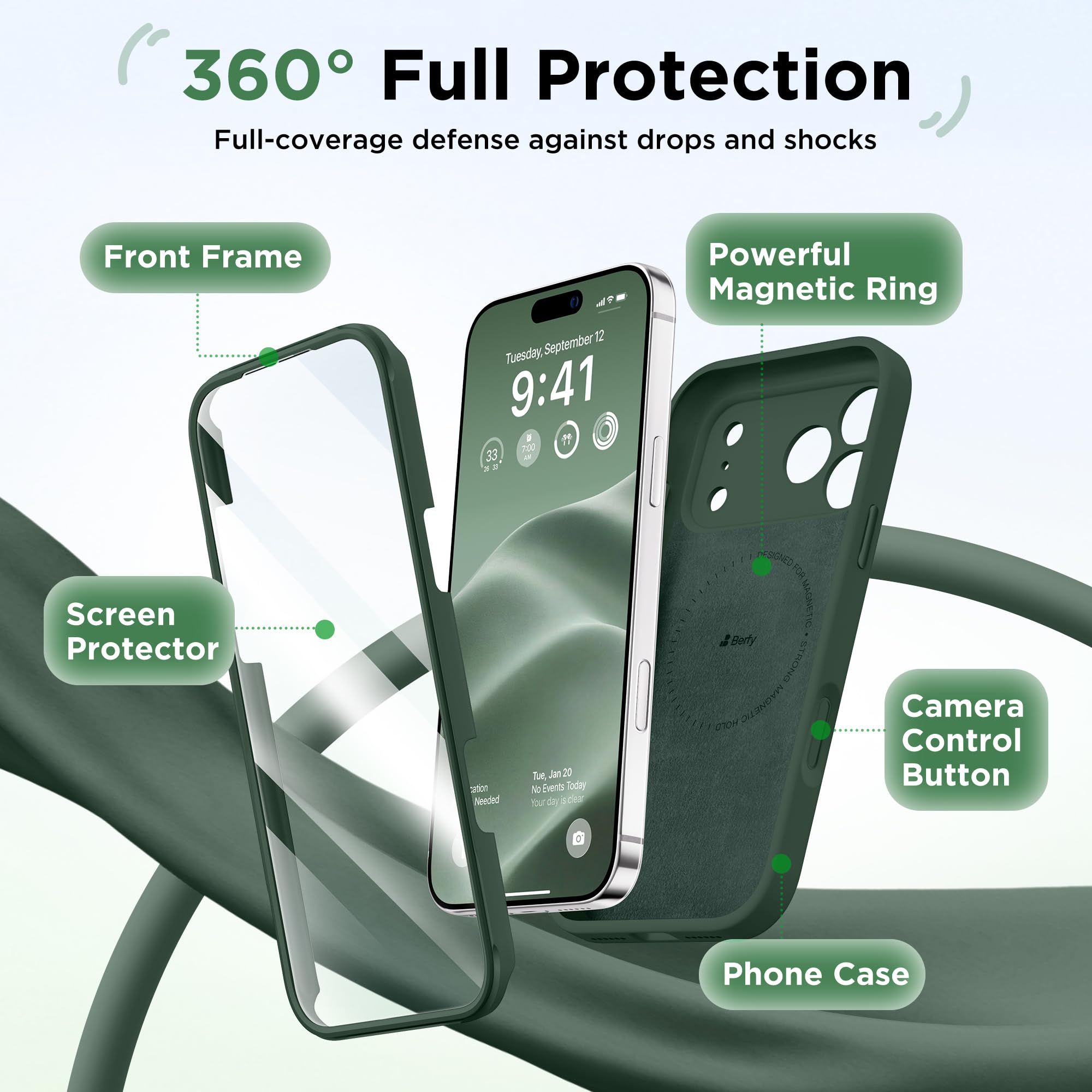 BERFY for iPhone 17 Pro Max Case, Compatible with MagSafe, Built-in Glass Screen Protector, Camera Protection, Shockproof Full Body Phone Case 6.9", Silicone Green