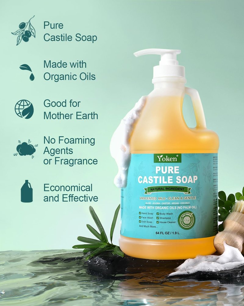 Yoken EWG Verified Organic Castile Soap Liquid (Unscented, 64 oz) Pure Castile Liquid Soap Made With Organic Oil, Clean & Gentle, Natural Castor Oil Soaps for Body & Face Wash, Hands, Dishes, Laundry