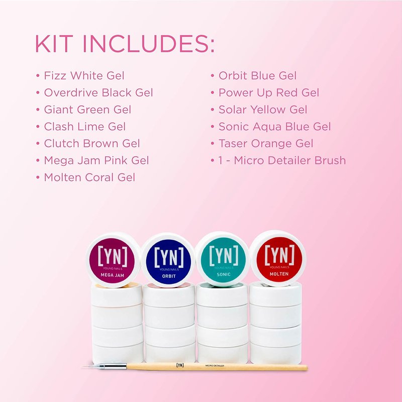 Young Nails Mission Control Gel Kit - Precision Nail Art Paint with 12 Colors & LED Curing Light