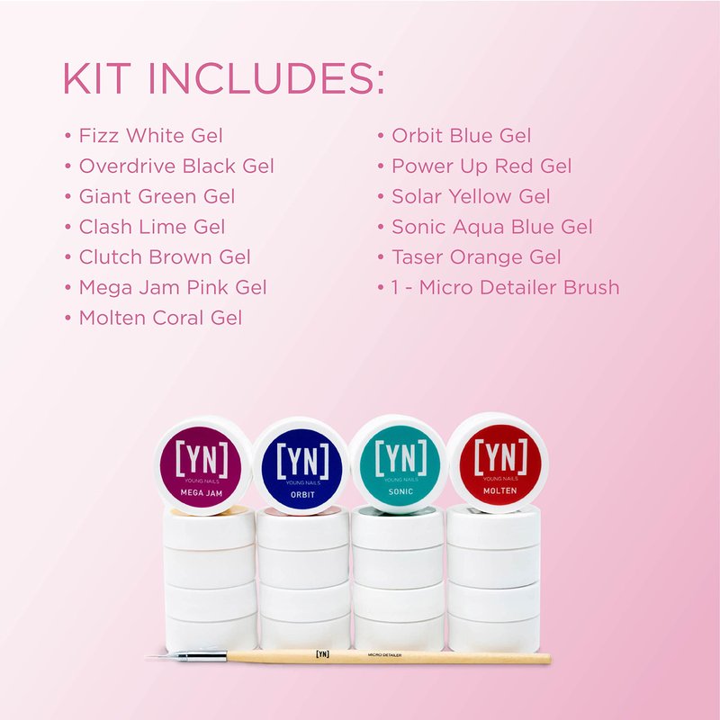Young Nails Mission Control Precision Gel Kit. Gel Paint for Nail Art, Cure with LED Light. Brush & 12 Assorted Colors for Natural & Artificial Nails