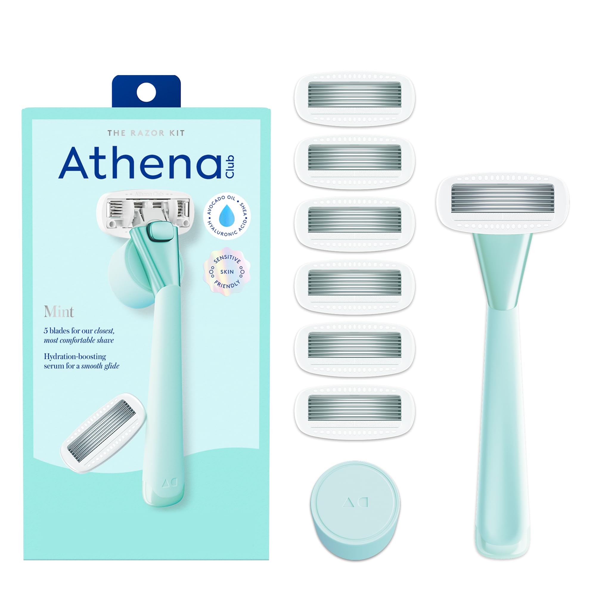 Athena Club Women’s Razor Kit, 5-Blade Cartridge Razor for Sensitive Skin, Serum-Infused Blades with Shea Butter and Hyaluronic Acid, Includes Handle, 6 Refills and Magnetic Shower Hook - Mint