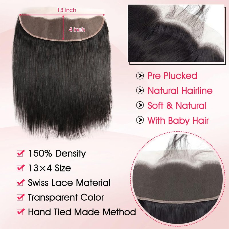 Yifute 16A Straight Bundles Human Hair with Closure 18 20 22 24+16 Inch, 100% Unprocessed Brazilian Virgin Human Hair, Weave 4 Bundles with Frontal 13x4 HD Lace Free Part for Women Natural Color