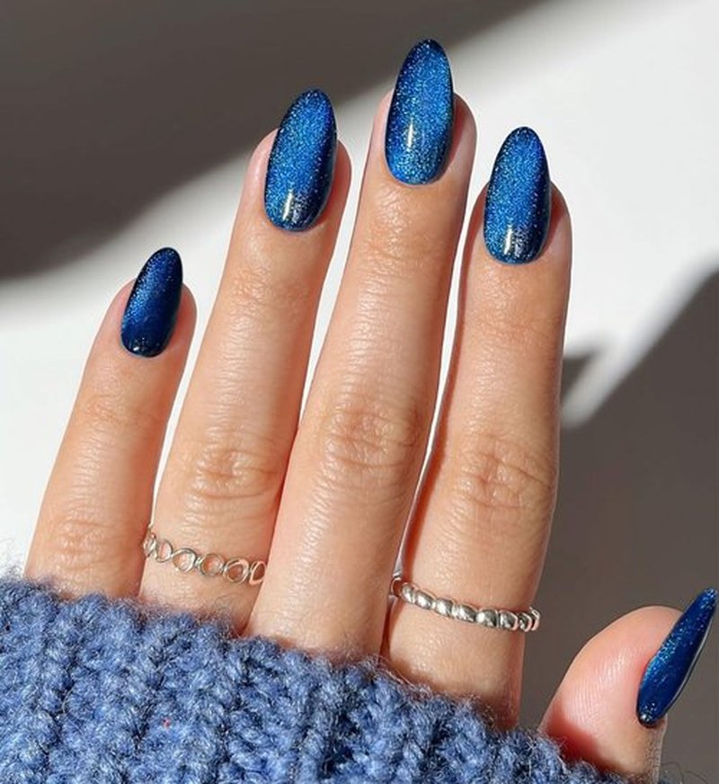 JMEOWIO Gel Nail Stickers Dark Blue Cat Eye Semi Cured Gel Nail Strips Wraps UV/LED Nails Art Design Decoration Accessories