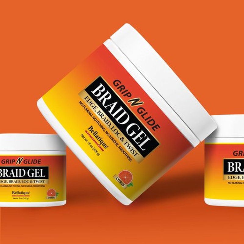 BELLATIQUE GRIP N GLIDE Braiding Gel Maximum Hold for LOC & Twist - No Flaking, No Whitening, Fast Drying, High Shine, Cool & Refreshing, Long Lasting Hold (5 oz)