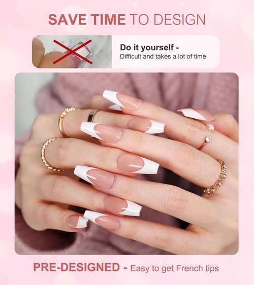 Morily Light Pink White French Tip Press on Nails, 30Pcs Long Coffin Thicker Fake Nails Reusable False Nails with Design, Glossy Acrylic Stick on Nails for Women, 15 Sizes, Include Glass File