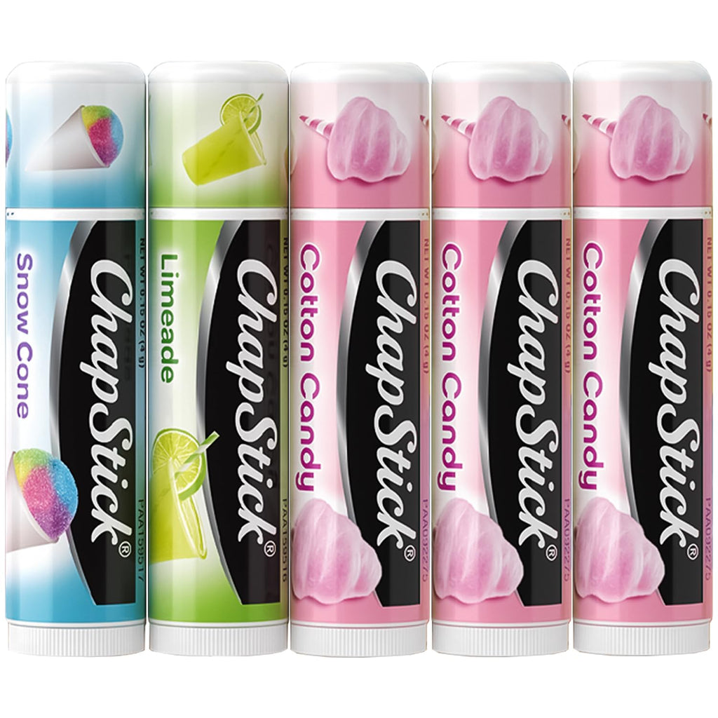 ChapStick Lip Balm, Vacation Getaway Collection (Snow Cone, Limeade, and Cotton Candy) + 2 Cotton Candy, 0.15 Oz Ea (5 Piece Set), Hydrating, Replenishing, Soothing, Repairing