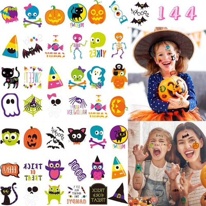 144 Pcs Halloween Temporary Tattoos, 72 Cute Designs Colorful Waterproof Halloween Cartoon Pumpkin Tattoo Stickers for Boys Girls, Halloween Trick or Treat Party Favors