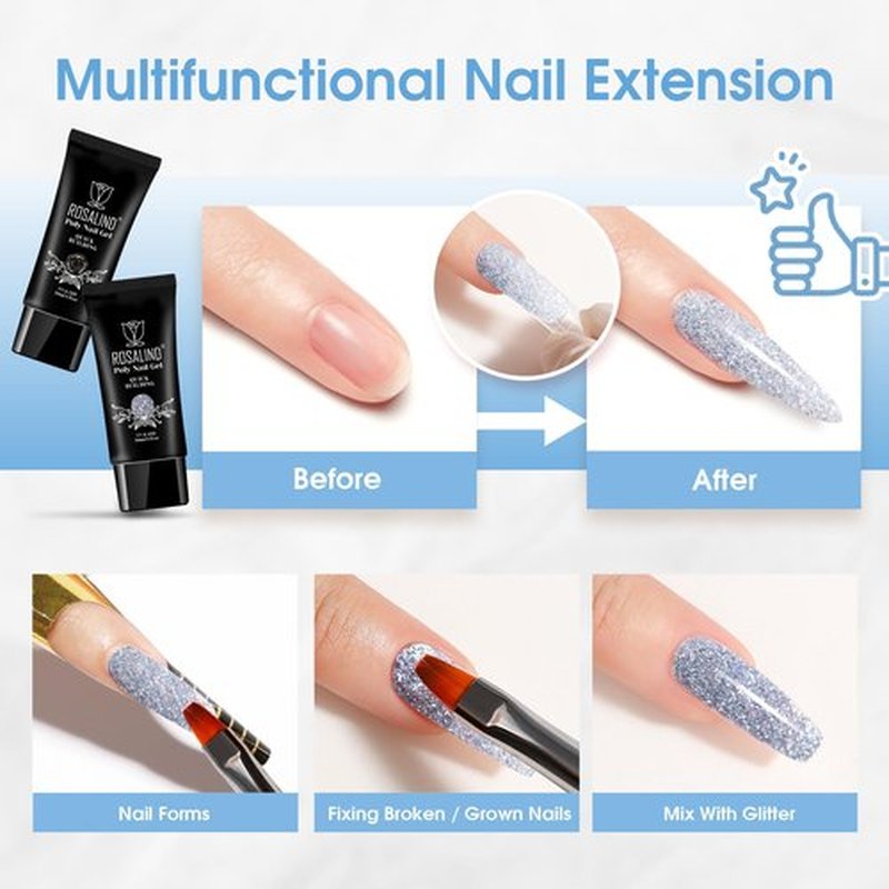 ROSALIND Glitter Black&Silver Extension Gel, 2 PCS 1oz/30ml Glitter Black Silver Poly Nail Gel kit Builder Diamond Gel for Nail Art, Nail Thickening Poly Nail Gel Tube Need UV Lamp