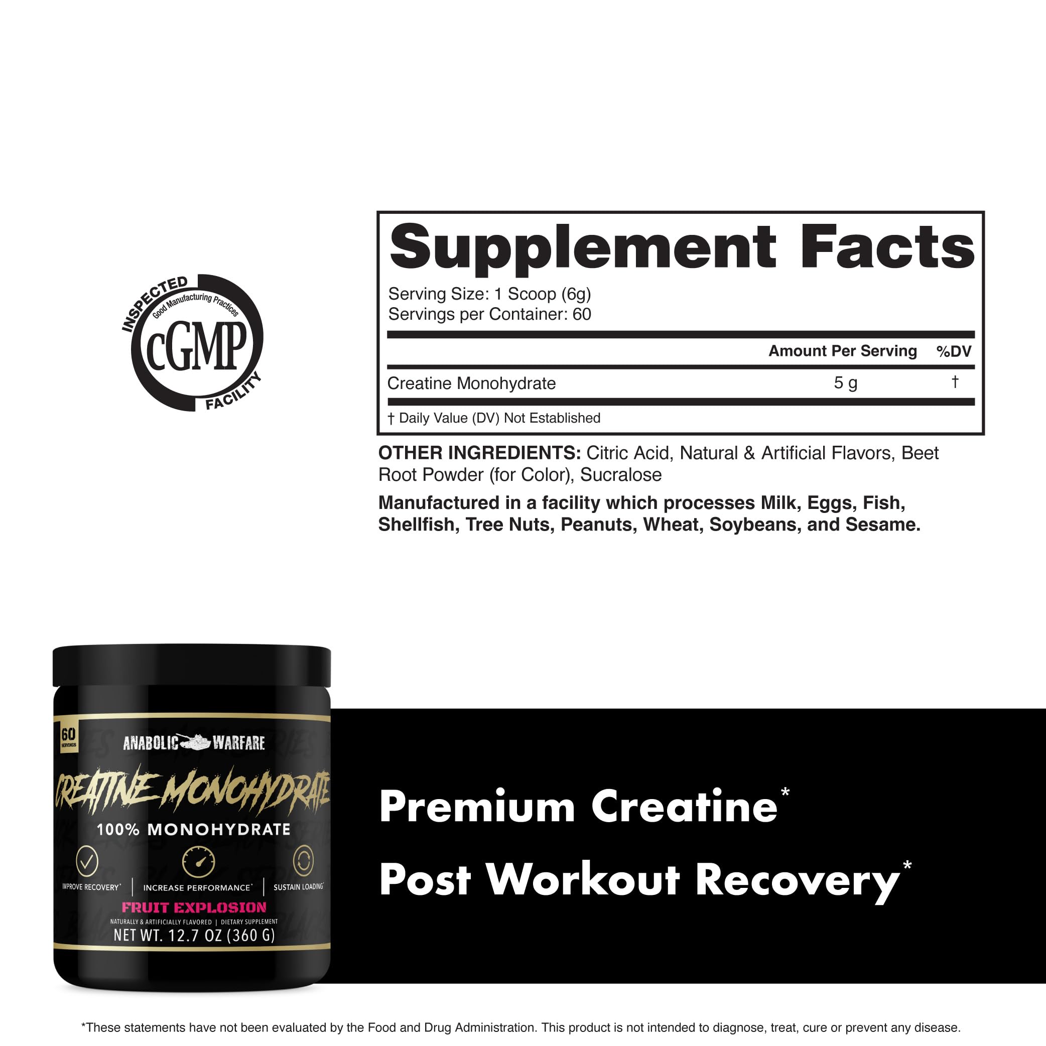 Anabolic Warfare Creatine Monohydrate, Post Workout Recovery, Increase Performance, Sustain Loading, Premium Creatine* (Fruit Explosion - 60 Servings)