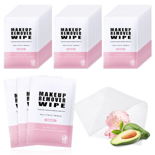 Pack of 100 Makeup Remover Wipes Individually Wrapped,Sakura Scent,Face Cleansing Wipes Bulk, Travel Towelette Makeup Remover Cloth for Face Cleansing Skin Care Remove Makeup