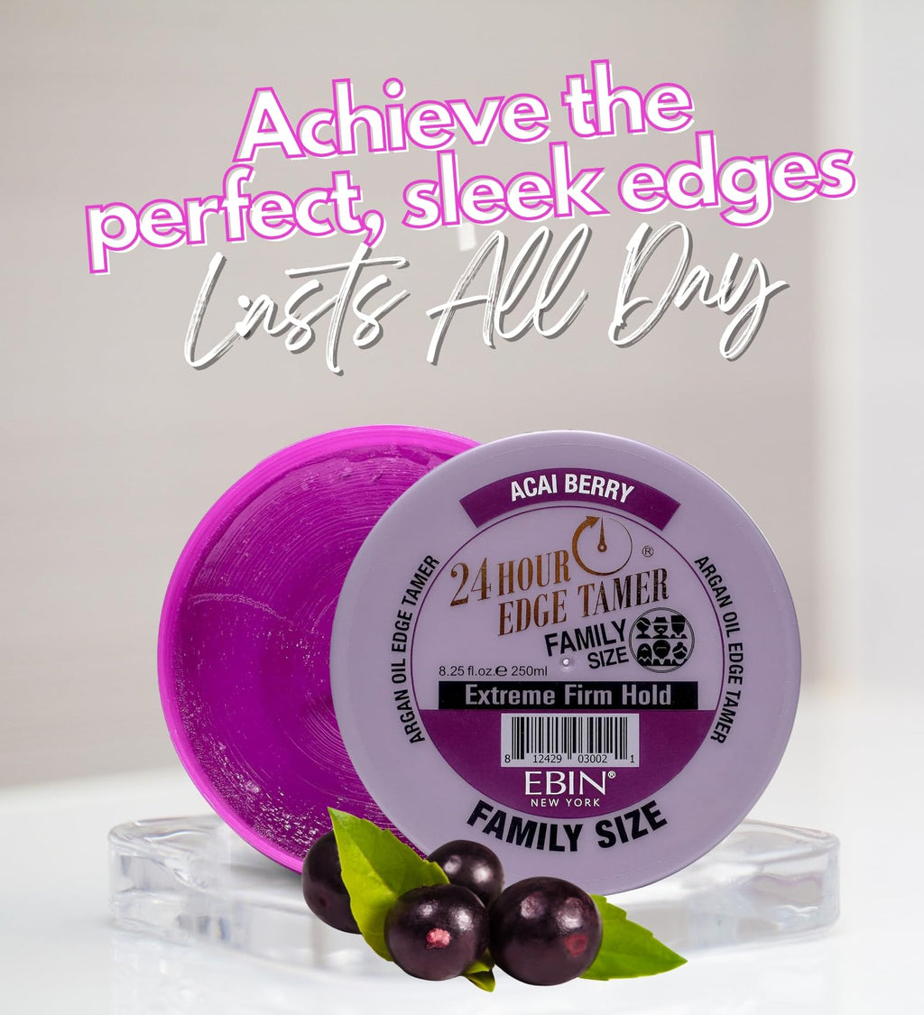 24 Hour Argan Oil Edge Tamer Refresh (8.25oz/ 250ml, Acai Berry) | Extreme Firm Hold, Smooths & Tames Frizz | No Flaking or Drying | High Shine, Long Lasting, All Hair Types, Styling Gel.