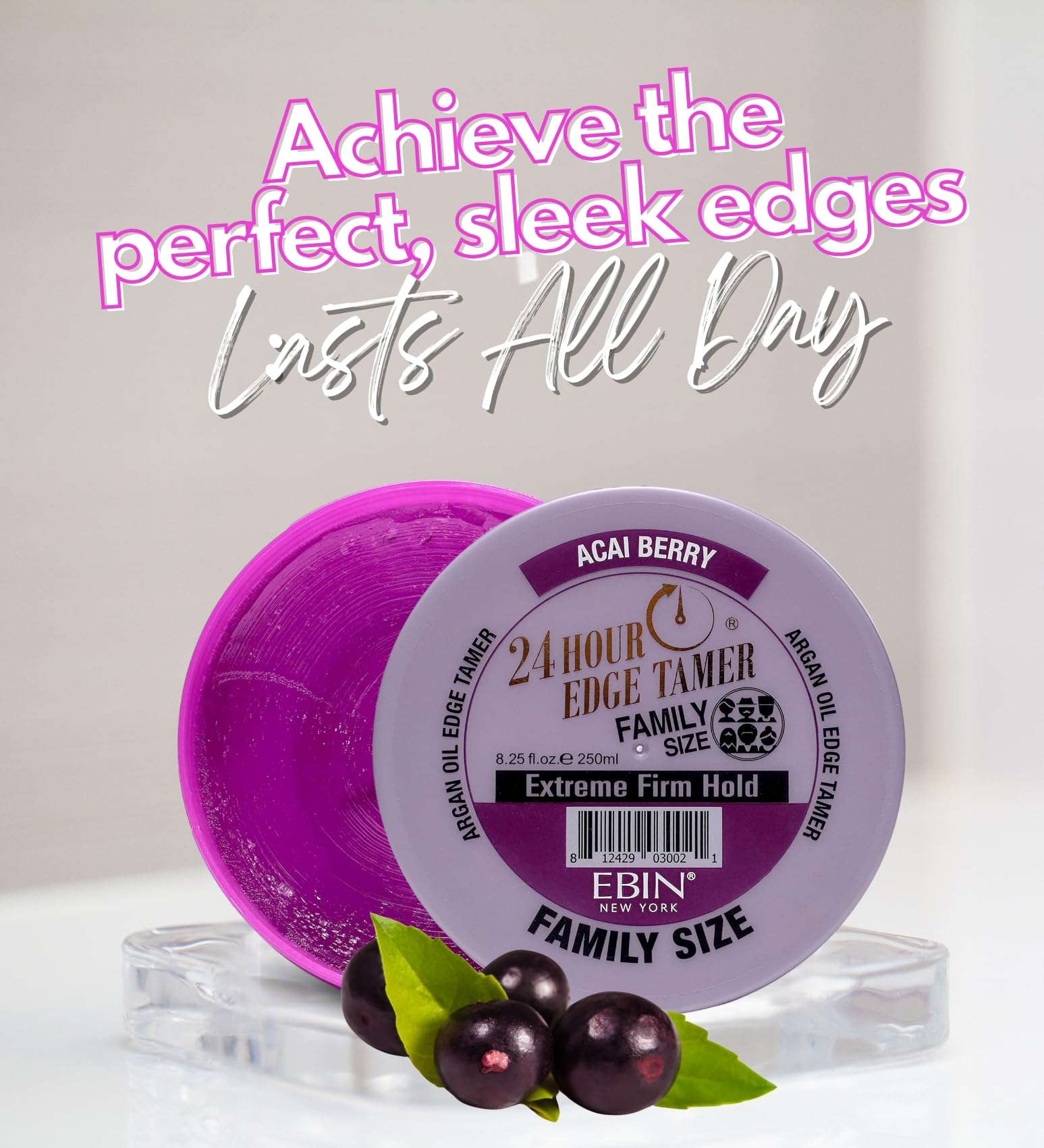 24 Hour Argan Oil Edge Tamer Refresh (8.25oz/ 250ml, Acai Berry) | Extreme Firm Hold, Smooths & Tames Frizz | No Flaking or Drying | High Shine, Long Lasting, All Hair Types, Styling Gel.