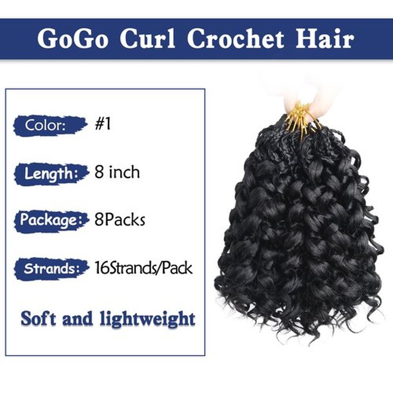 Mebeli GoGo Curl Crochet Hair,8inch Pre Looped Water Wave Beach Curl Ocean Wave Crochet Braiding Hair,8pcs Box Braids Short Curly Crochet Hair for Black Women (8inch,#1B)