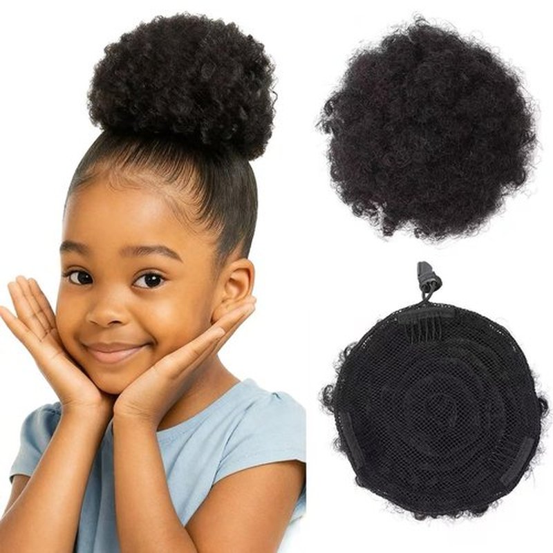 Afro Puff Human Hair Drawstring Ponytail for Black Women,Kids ,Girls,4 Inch Curly with 3 Clibs 1# Natural Black 100% Remy Human Hair Extensions Breathable Smooth Easy to Wear Hairpieces(1B# 4inch)