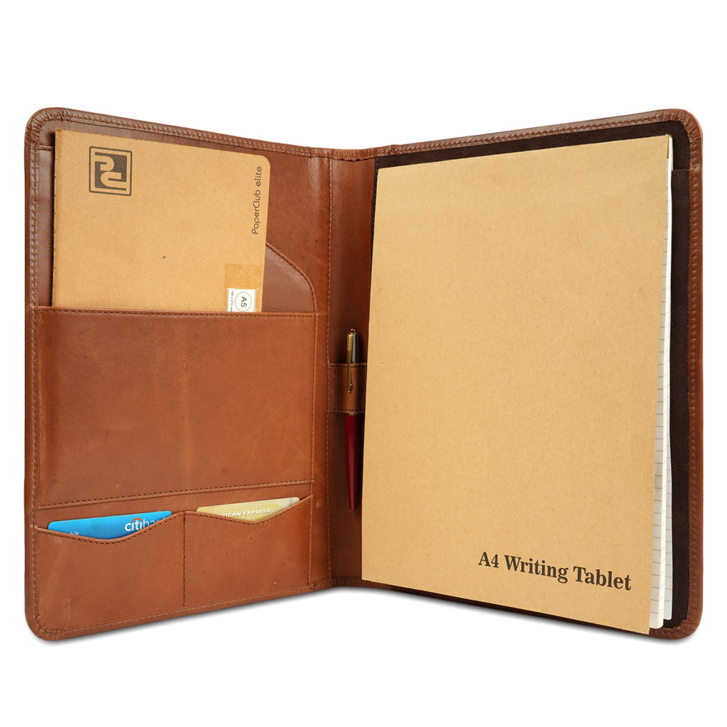 CestAntiQ, Leather Portfolio A4 Document Folder Legal Pad Padfolio, Professional Writing Letter Notepad Clipboard Sleeve Organizer, Resume Folio Binder for Men & Women Classic Brown