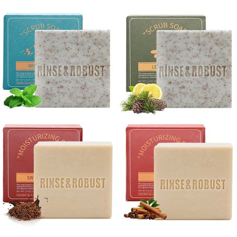 Rinse & Robust Mens Bar Soap Cleansing Bar Moisturizing & Exfoliating Scrub Soap Gift Set for Men | 4 in 1 Face Body Hand Beard Wash | Cinnamon, Lemon Cedar, Mint Ice Chips, Tobacco | 5.3 oz of 4 Bars